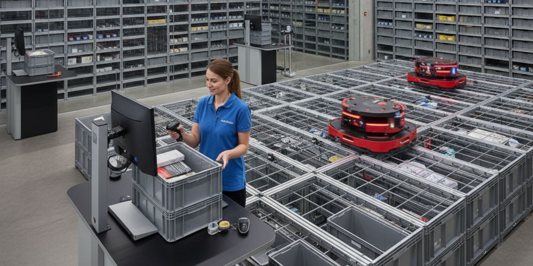 A modern AutoStore system with a grid of stacked gray containers on which red robots drive autonomously. In the foreground, an employee at a workstation picks goods from a container, while other containers are ready for storage. The scene shows the high density and automation of a goods-to-person system in a clean warehouse environment.